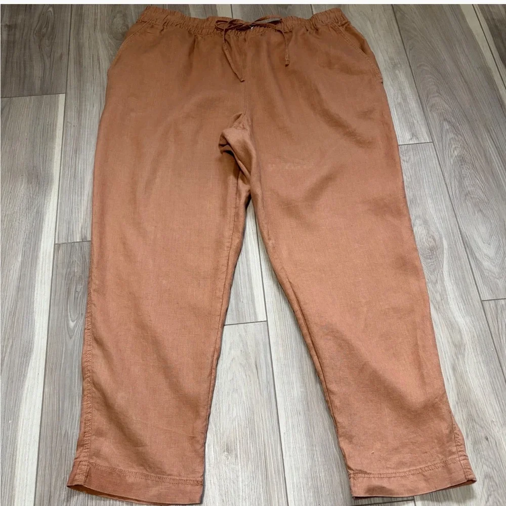 HM Womens XL Terracotta Linen Pull On Drawstring Pants Clay Orange Pockets